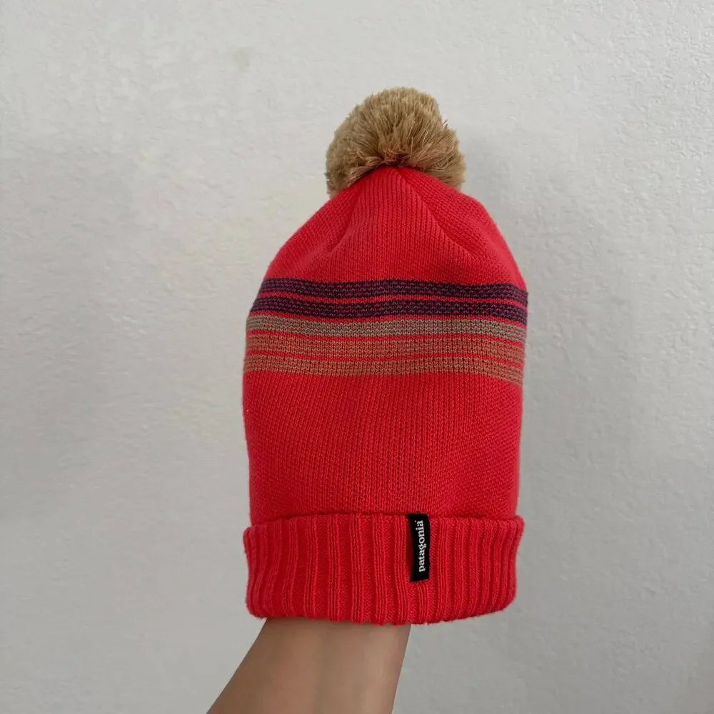 Patagonia Kid's Powder Town Pom Pom Beanie Forest Stripe Knit​ / Sumac Red OS